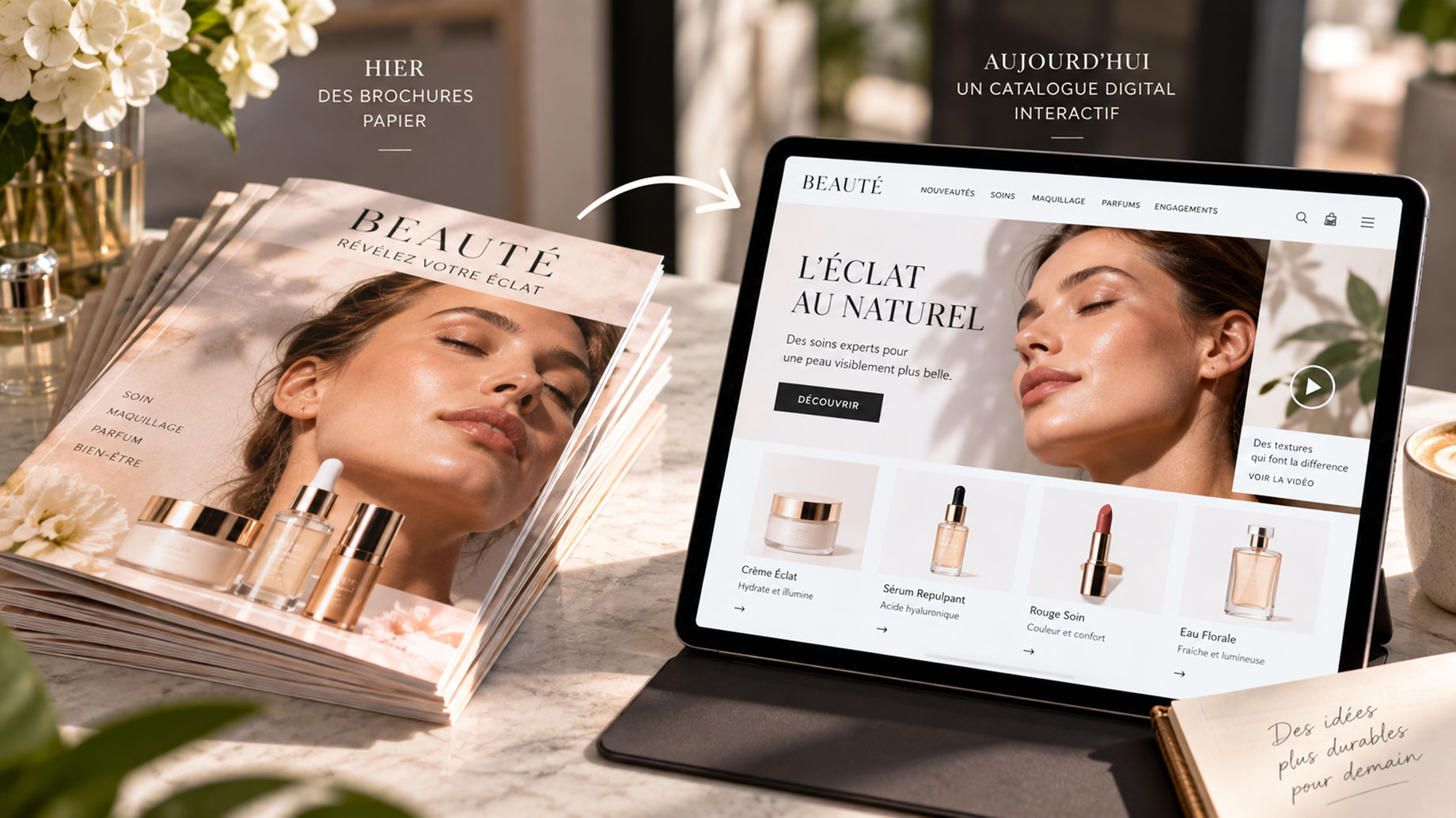 Brochures de cosmétiques imprimées à côté d'une tablette présentant un catalogue beauté digital interactif avec des produits de soins et de maquillage.