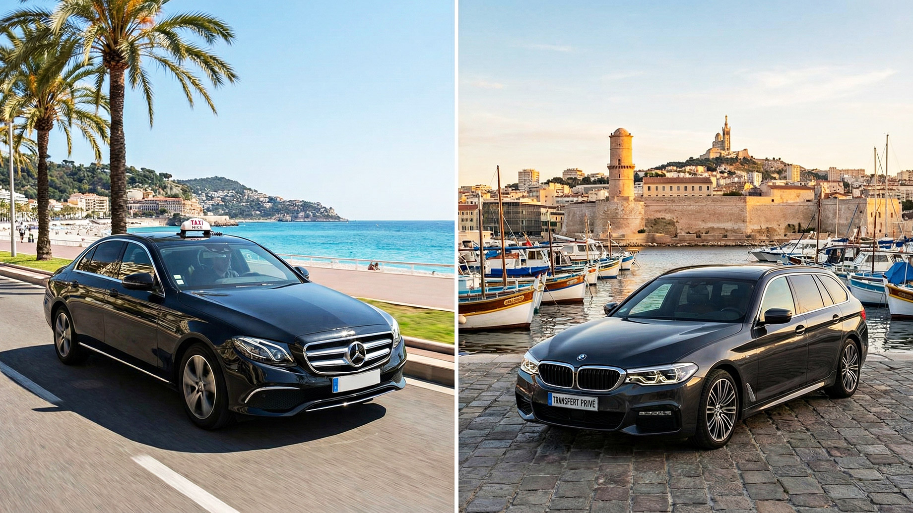 Коллаж из двух изображений: слева — премиальный черный автомобиль Mercedes-Benz на солнечной набережной Ниццы у моря, справа — современный автомобиль BMW в Старом порту Марселя на фоне припаркованных яхт. Изображение иллюстрирует услуги индивидуального трансфера и такси бизнес-класса между городами Лазурного берега и Прованса.