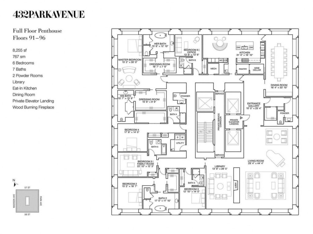 Floor Plans - PH92 Luxury Penthouse - 432 Park Avenue, New York, NY, USA