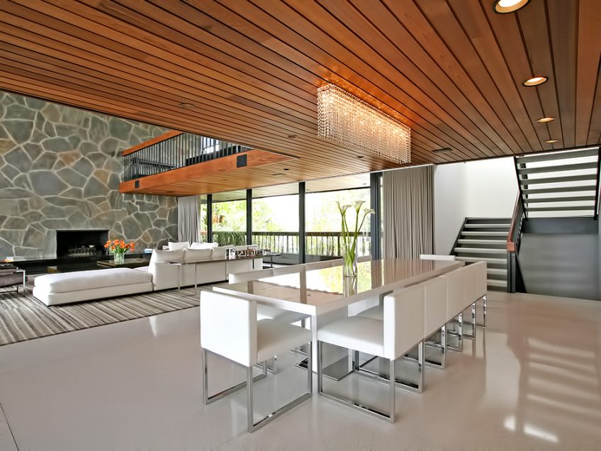 Modern Dining Room: Wood, Stone, and Light - Trousdale Estates Luxury Home - 630 Clifton Pl, Beverly Hills, CA, USA
