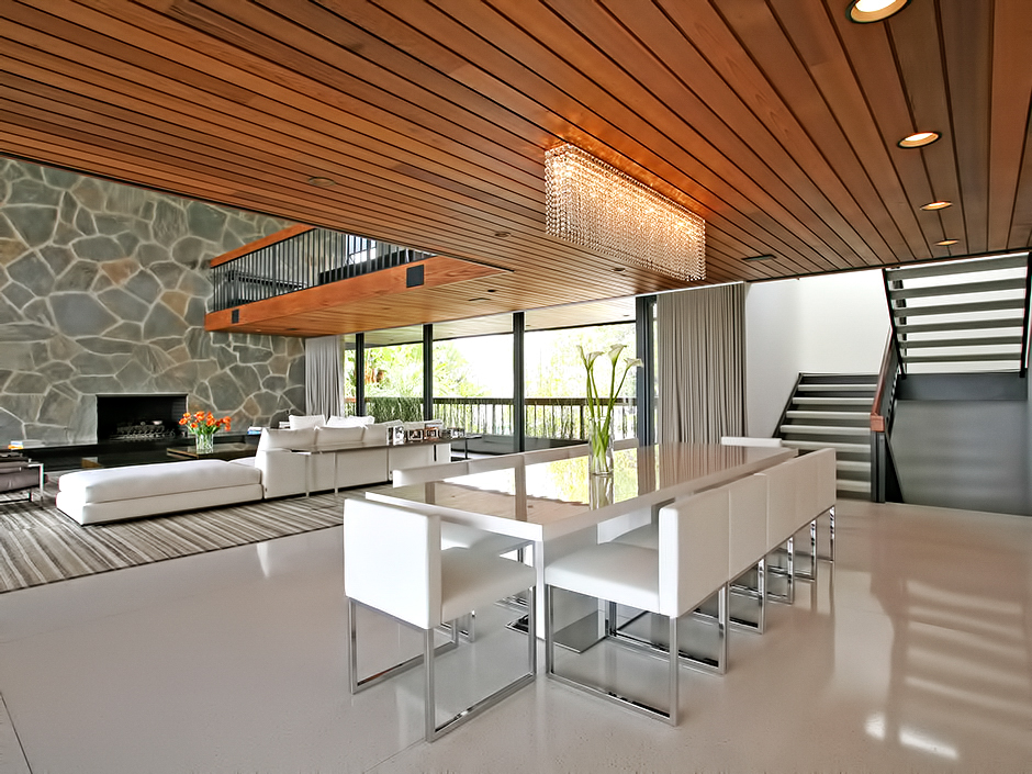 Modern Dining Room: Wood, Stone, and Light – Trousdale Estates Luxury Home – 630 Clifton Pl, Beverly Hills, CA, USA