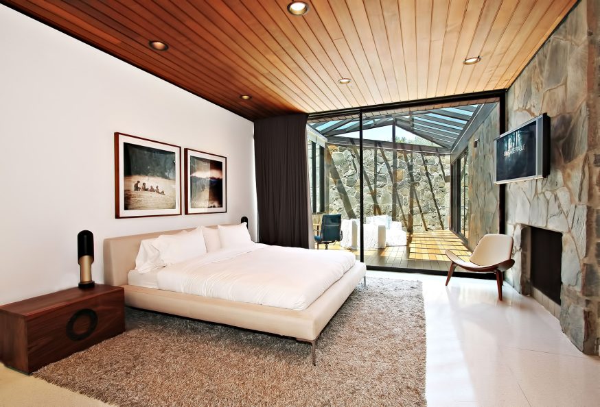 Bedroom with Wood, Stone, and Glass Design - Trousdale Estates Luxury Home - 630 Clifton Pl, Beverly Hills, CA, USA