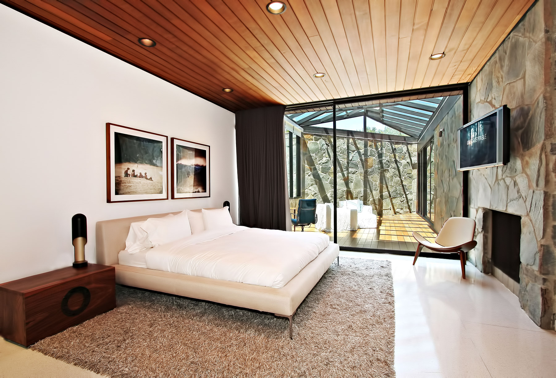 Bedroom with Wood, Stone, and Glass Design – Trousdale Estates Luxury Home – 630 Clifton Pl, Beverly Hills, CA, USA