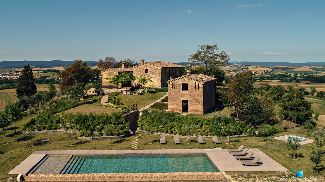 Podere Paníco Estate - Monteroni d'Arbia, Tuscany, Italy - Drone Aerial Property Pool View - Luxury Real Estate - Tuscan Villa