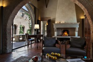 Podere Paníco Estate - Monteroni d'Arbia, Tuscany, Italy - Sitting Area Fireplace - Luxury Real Estate - Tuscan Villa