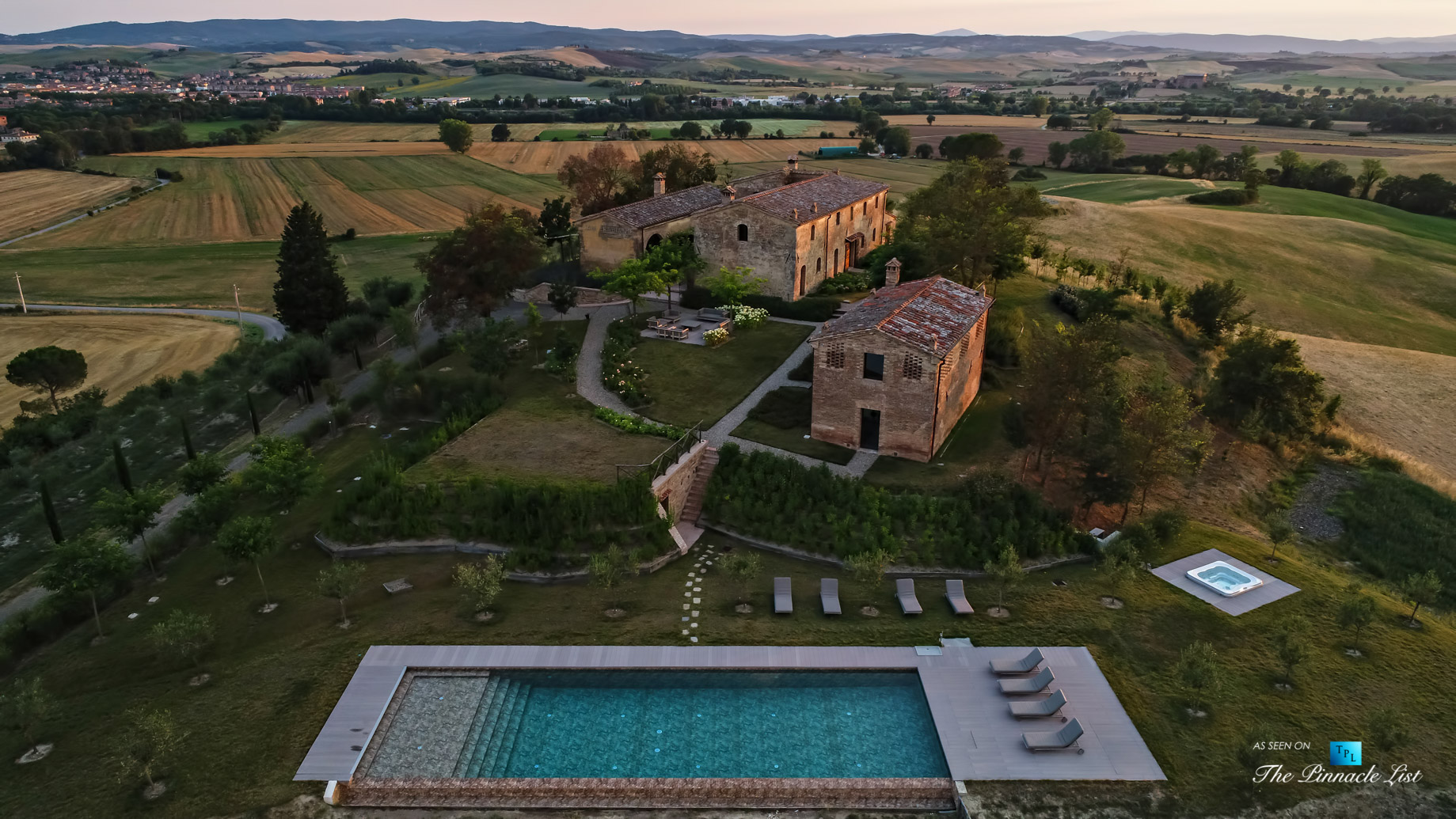 Podere Paníco Estate – Monteroni d’Arbia, Tuscany, Italy – Sunset Aerial Property Pool View – Luxury Real Estate – Tuscan Villa