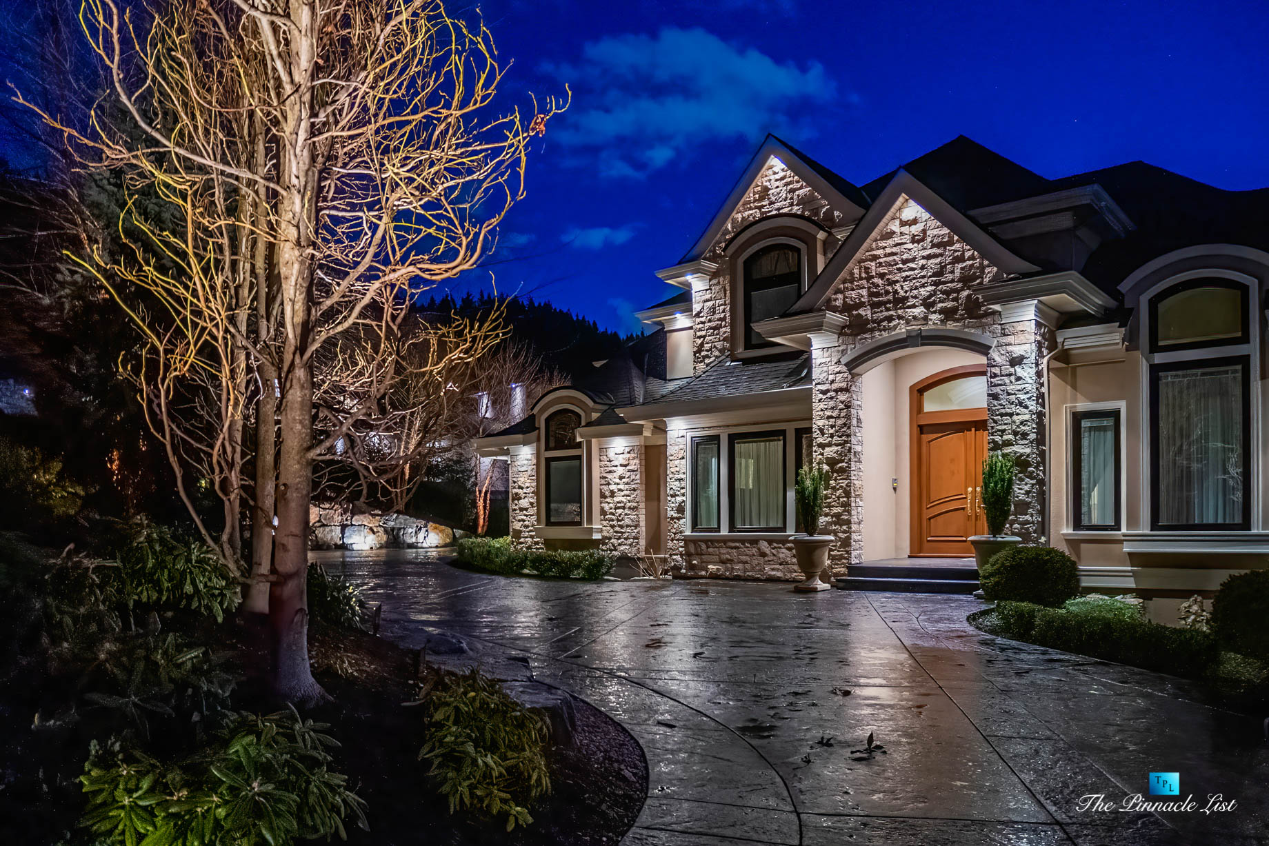 2057 Ridge Mountain Drive, Anmore, BC, Canada -Night Exterior Front View - Luxury Real Estate - West Coast Greater Vancouver Home