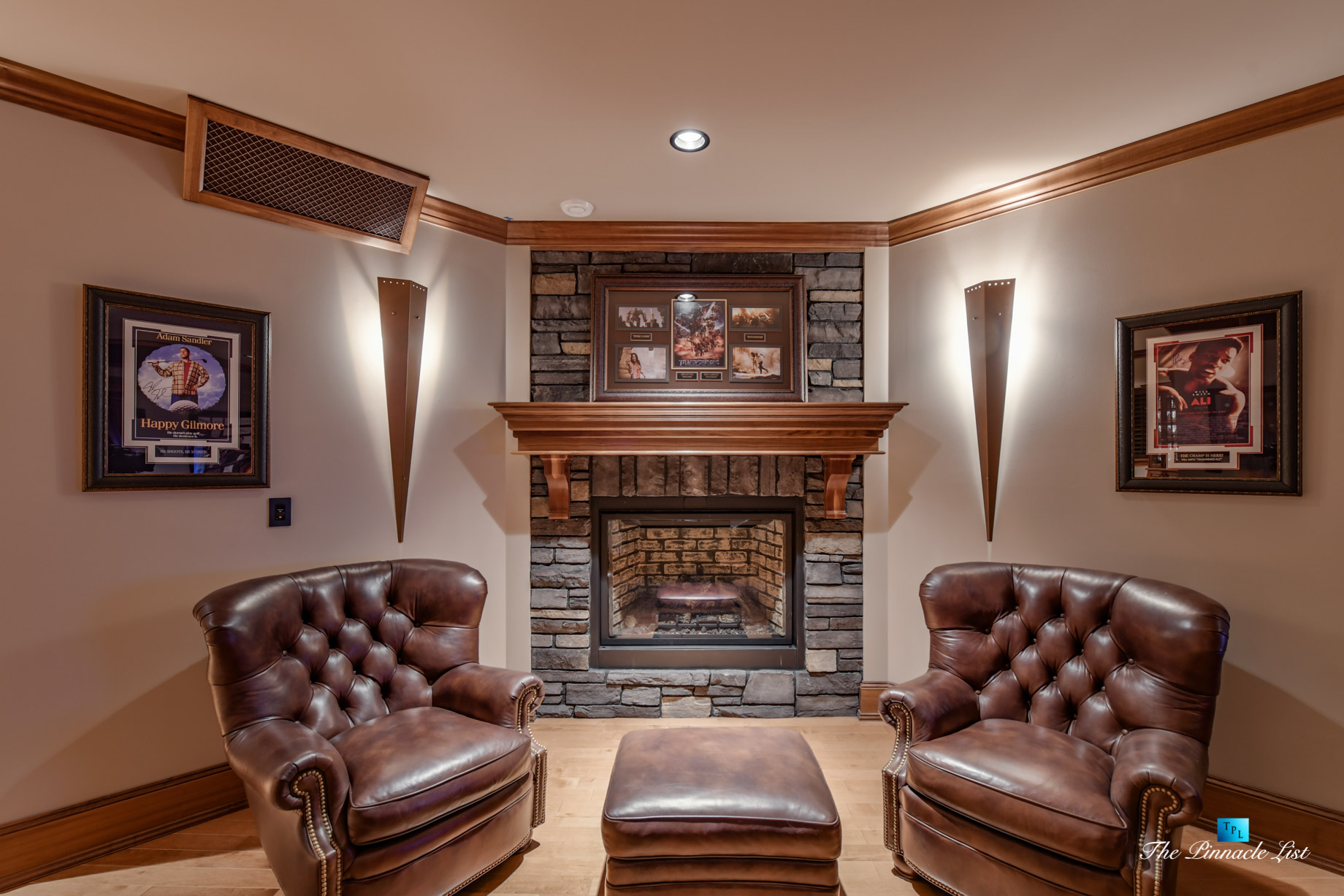 3053 Anmore Creek Way, Anmore, BC, Canada - Basement Man Cave Fireplace and Lounge Chairs - Luxury Real Estate - Greater Vancouver Home