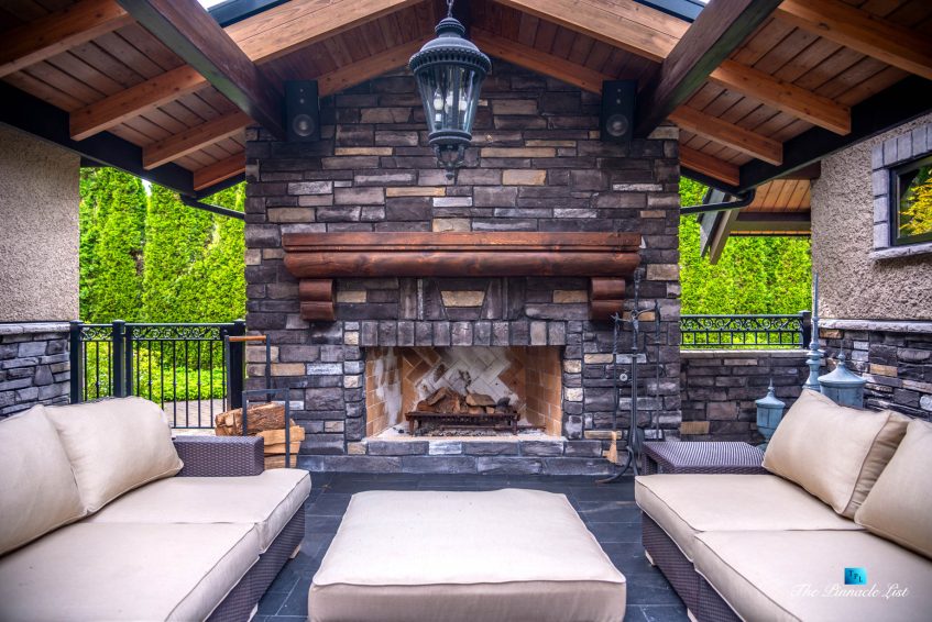 3053 Anmore Creek Way, Anmore, BC, Canada - Backyard Outdoor Wood Fireplace Covered Deck - Luxury Real Estate - Greater Vancouver Home