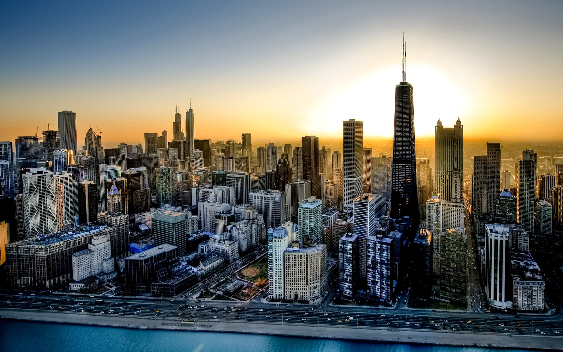 Chicago Skyline with John Hancock Center in Foreground – Trump Tower and Willis Tower in Background