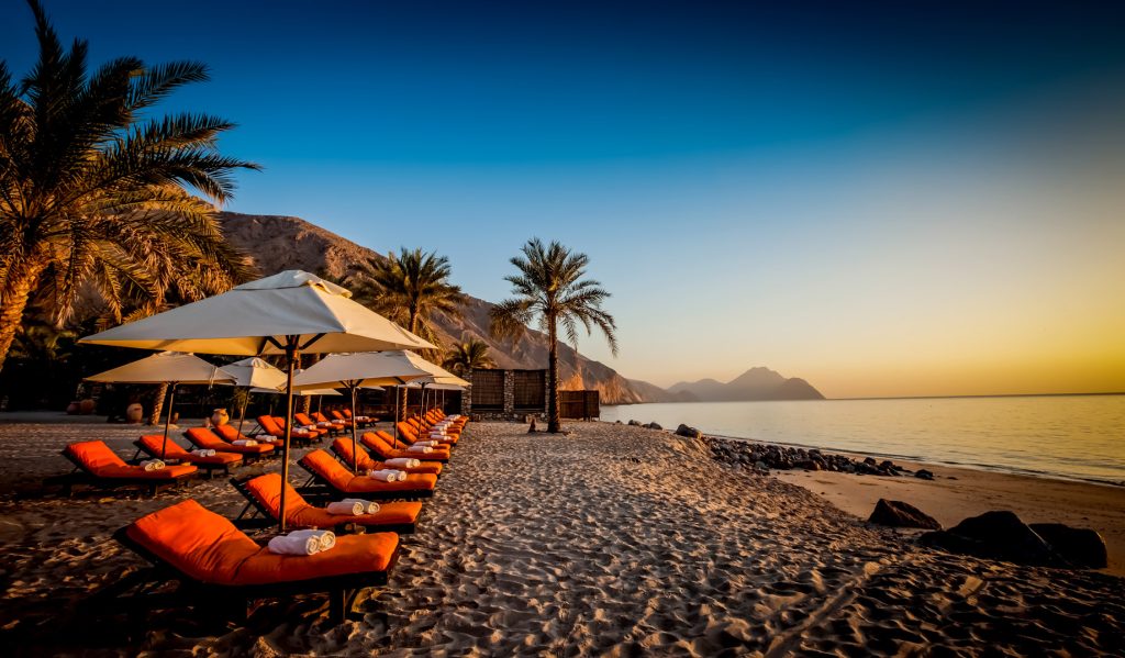 Oman Six Senses Luxury Resort Beach Chairs at Sunrise