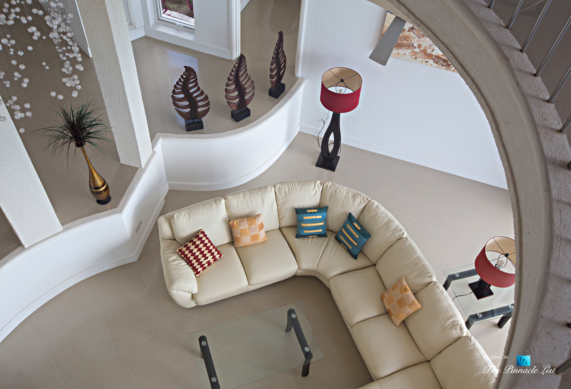 Akasha Luxury Caribbean Villa – Cap Estate, St. Lucia – Looking Down Living Room – Luxury Real Estate – Premier Oceanview Home