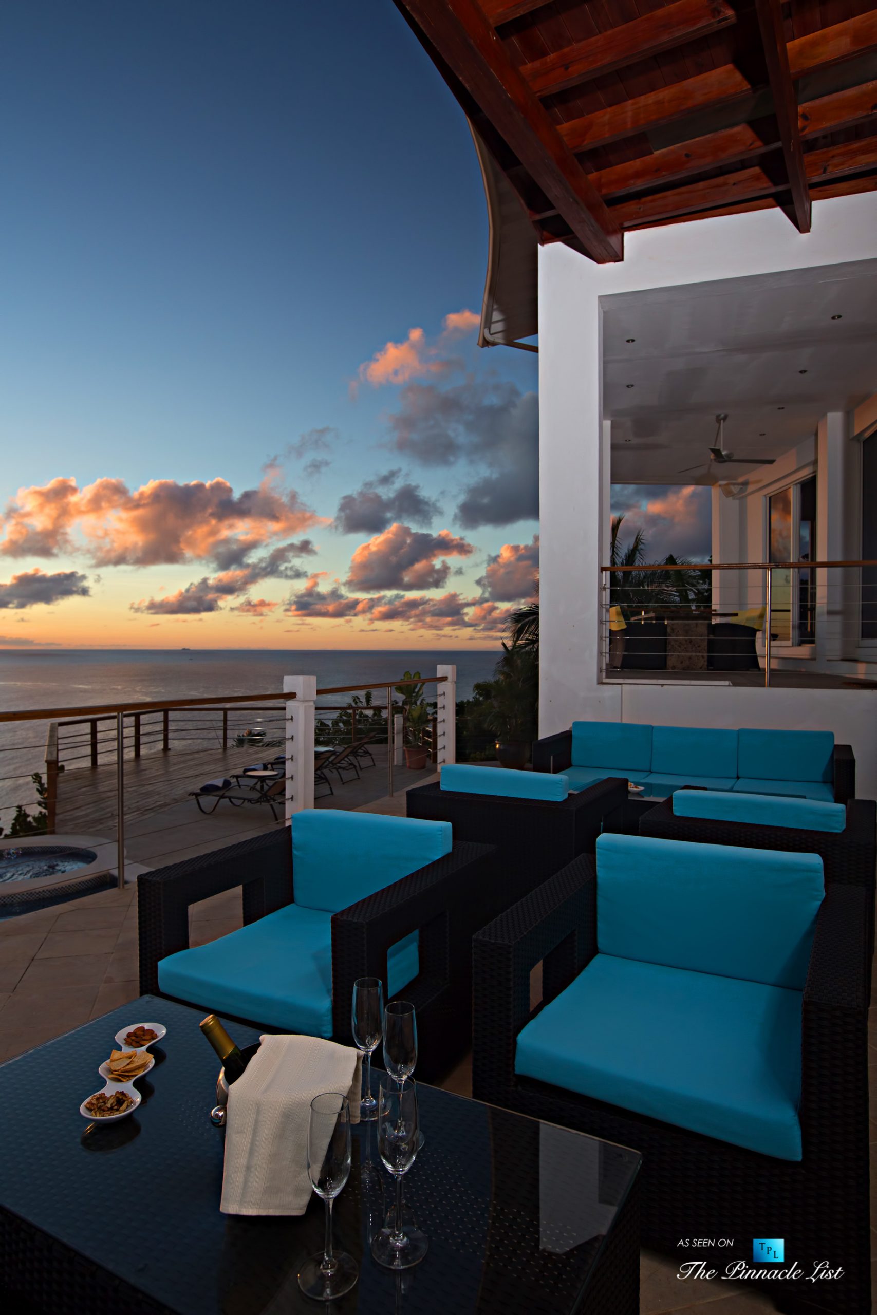 Akasha Luxury Caribbean Villa – Cap Estate, St. Lucia – Infinity Pool Deck Evening View – Luxury Real Estate – Premier Oceanview Home