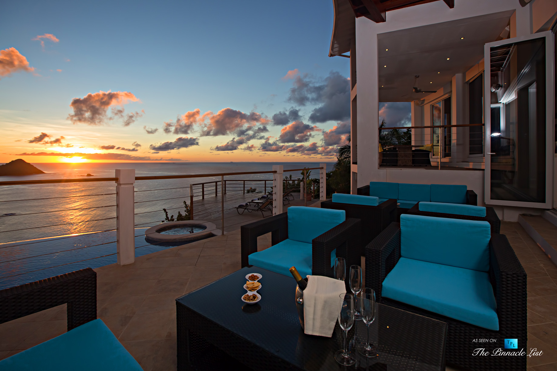 Akasha Luxury Caribbean Villa – Cap Estate, St. Lucia – Infinity Pool Deck Evening View – Luxury Real Estate – Premier Oceanview Home