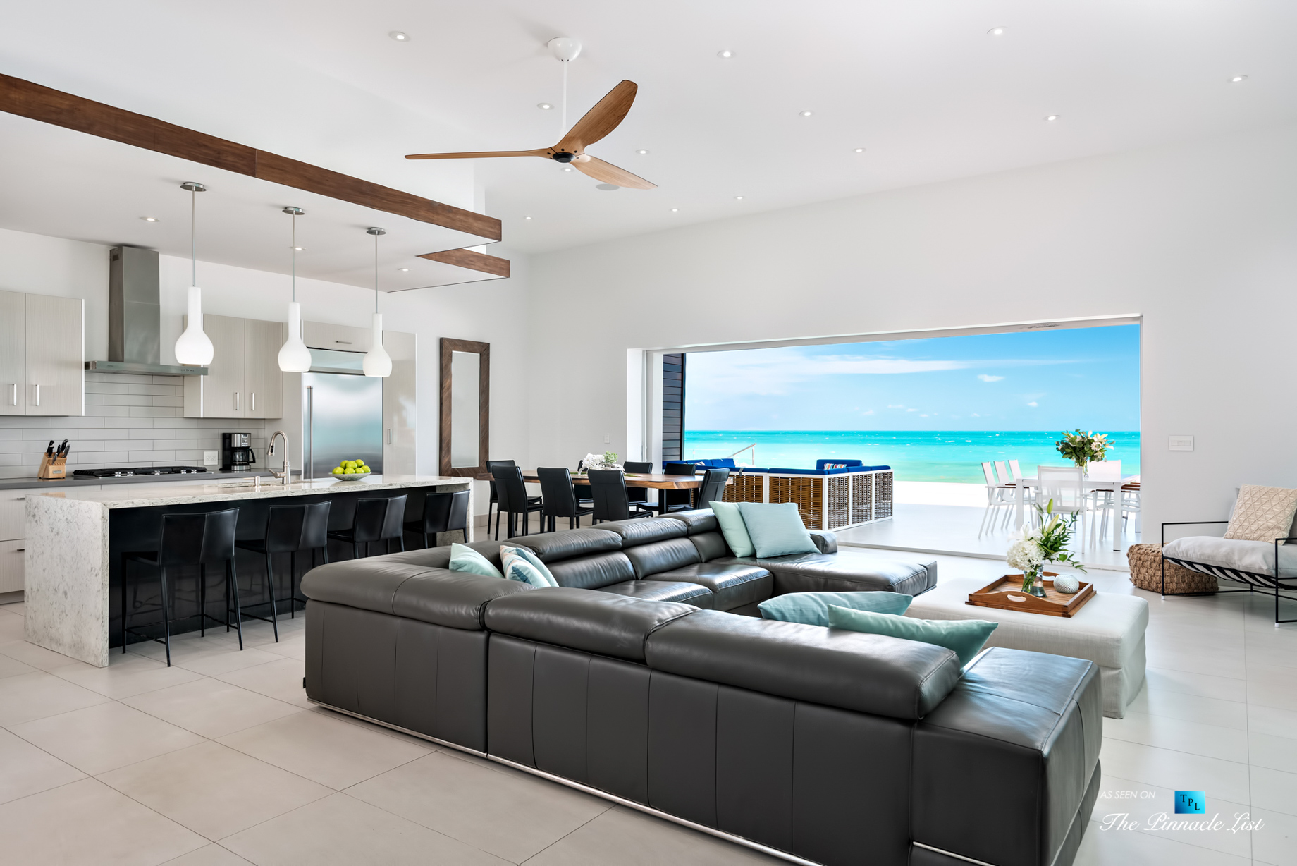 Tip of the Tail Villa – Providenciales, Turks and Caicos Islands – Caribbean House Kitchen and Living Room – Luxury Real Estate – South Shore Peninsula Home