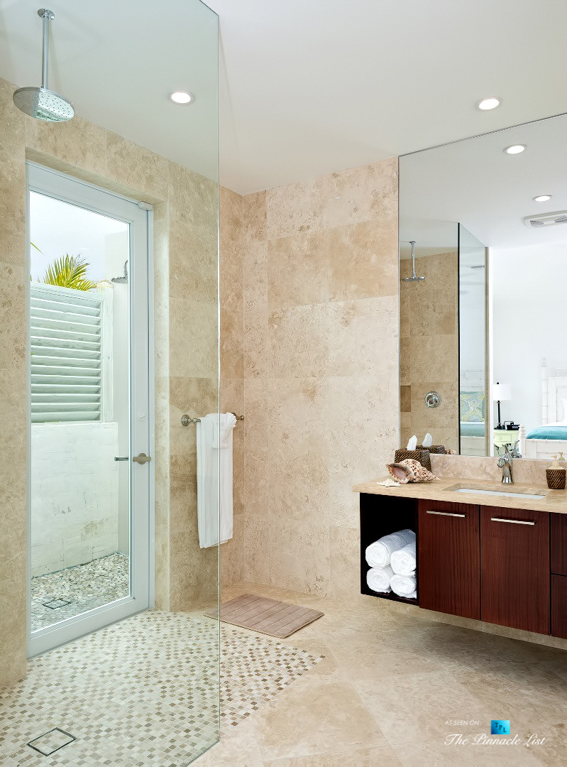 Villa Aquazure – Providenciales, Turks and Caicos Islands – Master Bathroom Indoor Outdoor Shower – Luxury Real Estate – Beachfront Home