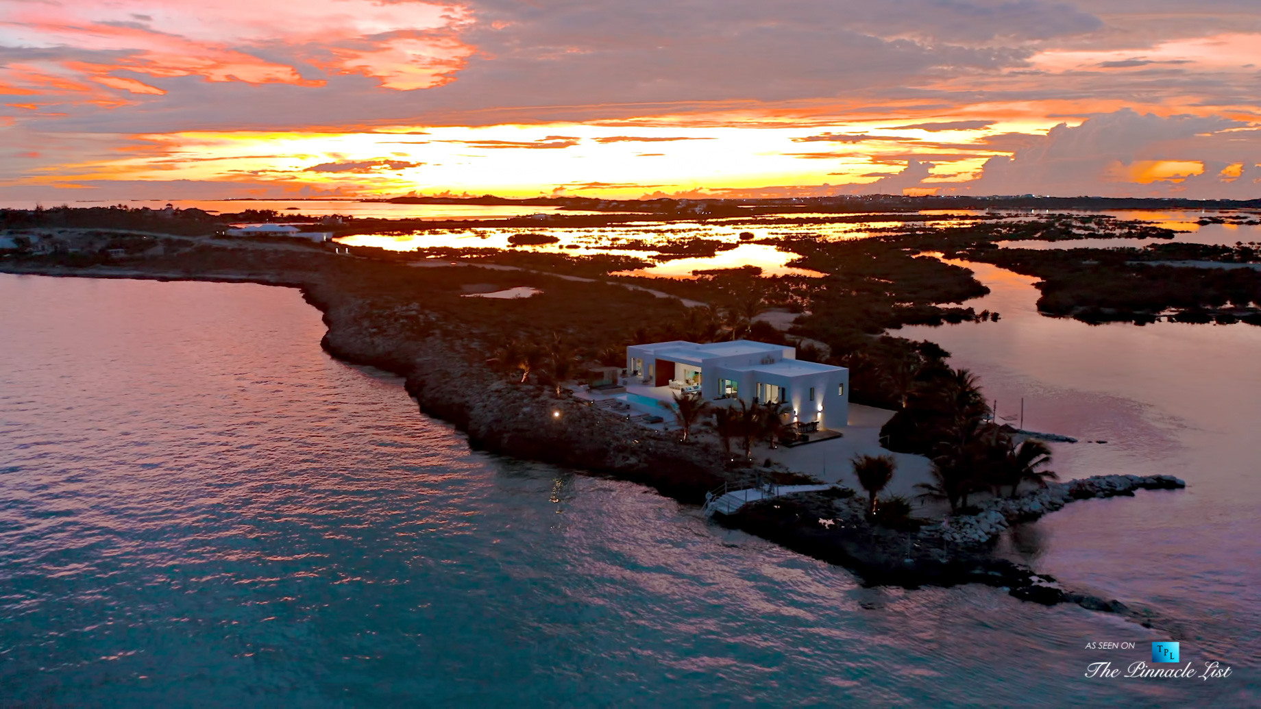 Tip of the Tail Villa – Providenciales, Turks and Caicos Islands – Drone Aerial Caribbean Villa Oceanfront Sunset View – Luxury Real Estate – South Shore Peninsula Home
