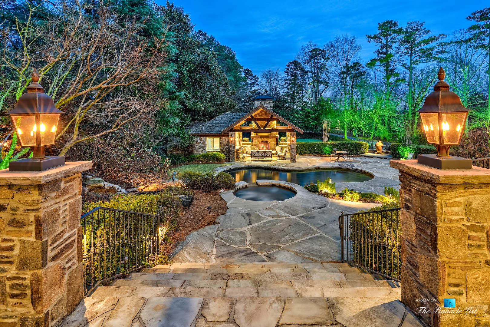 75 Finch Forest Trail, Atlanta, GA, USA - Twilight Backyard Pool View - Luxury Real Estate - Sandy Springs Home