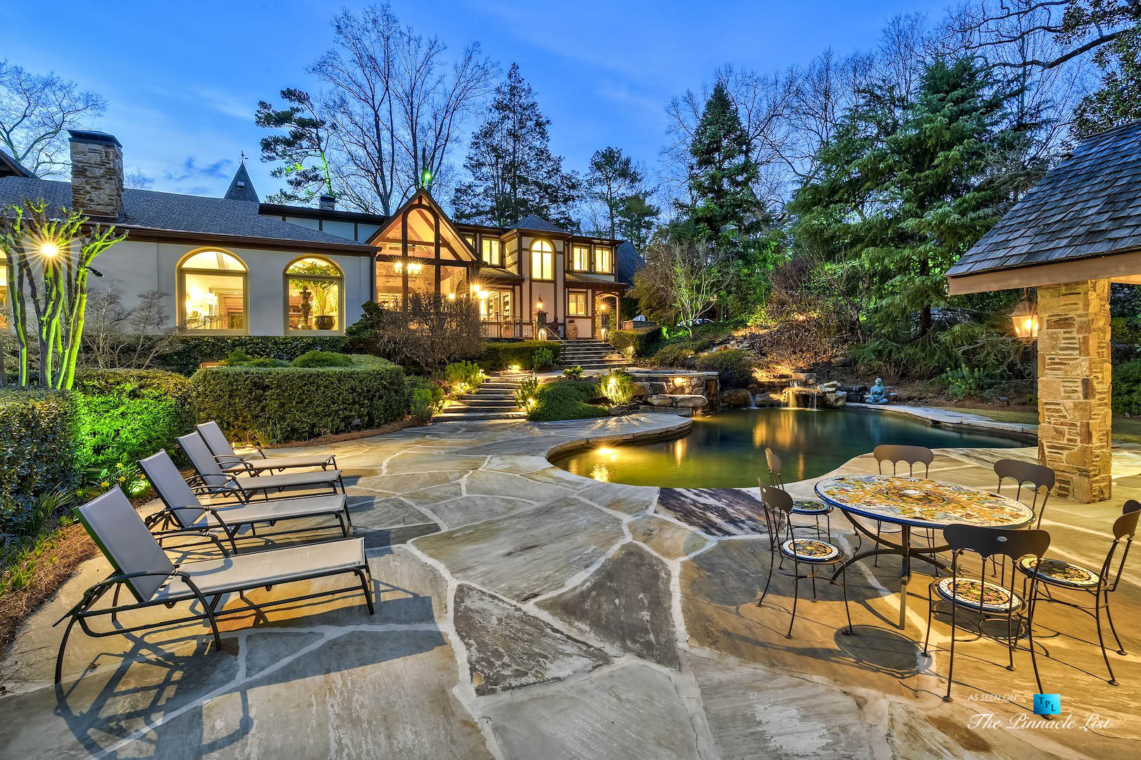 75 Finch Forest Trail, Atlanta, GA, USA - Evening Backyard Pool View - Luxury Real Estate - Sandy Springs Home