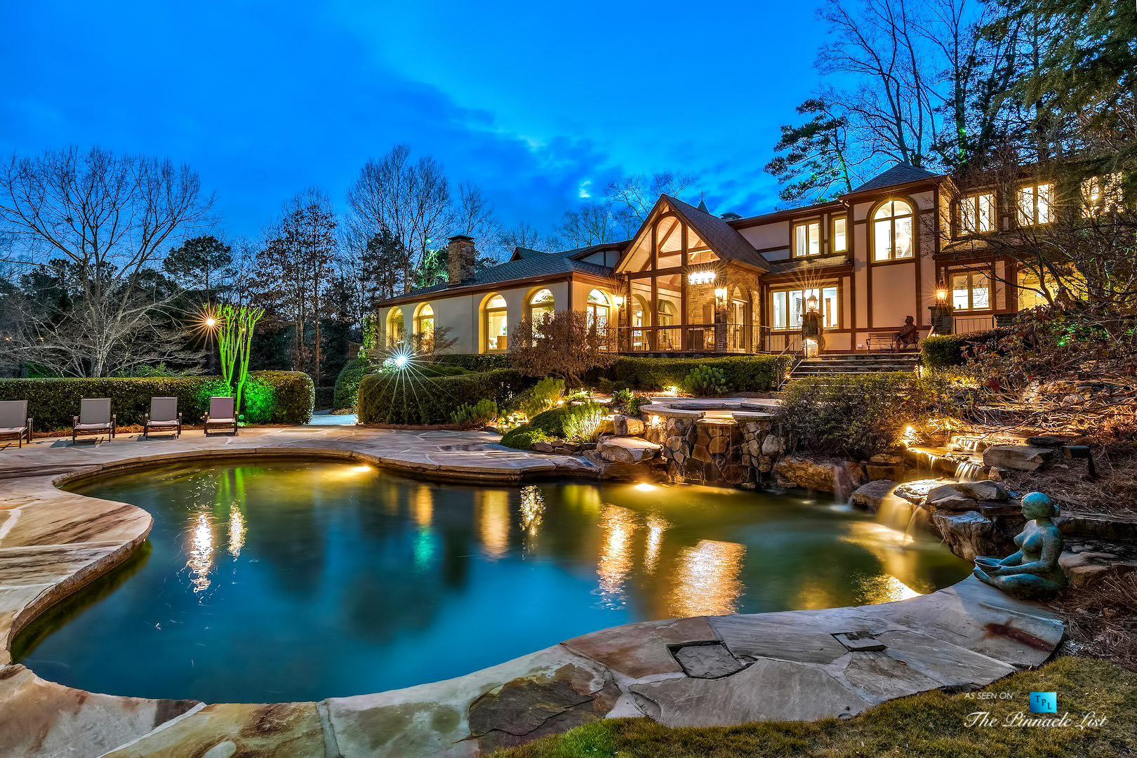 75 Finch Forest Trail, Atlanta, GA, USA – Night Backyard Property Pool View – Luxury Real Estate – Sandy Springs Home
