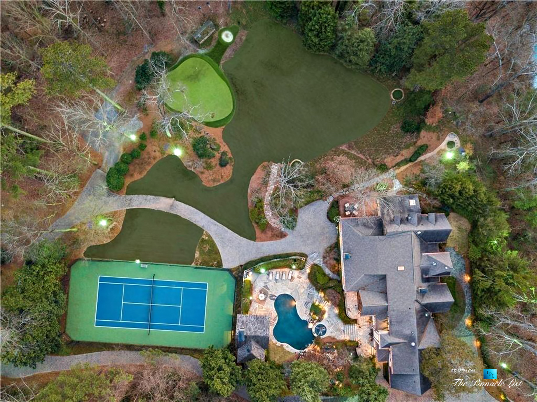 75 Finch Forest Trail, Atlanta, GA, USA - Drone Night Overhead House and Property View - Luxury Real Estate - Sandy Springs Home