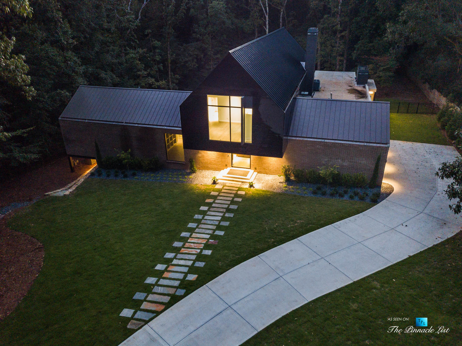 2716 Ridgewood Rd NW, Atlanta, GA, USA – Drone Aerial Night Front House Exterior View – Luxury Real Estate – Modern Contemporary Buckhead Home