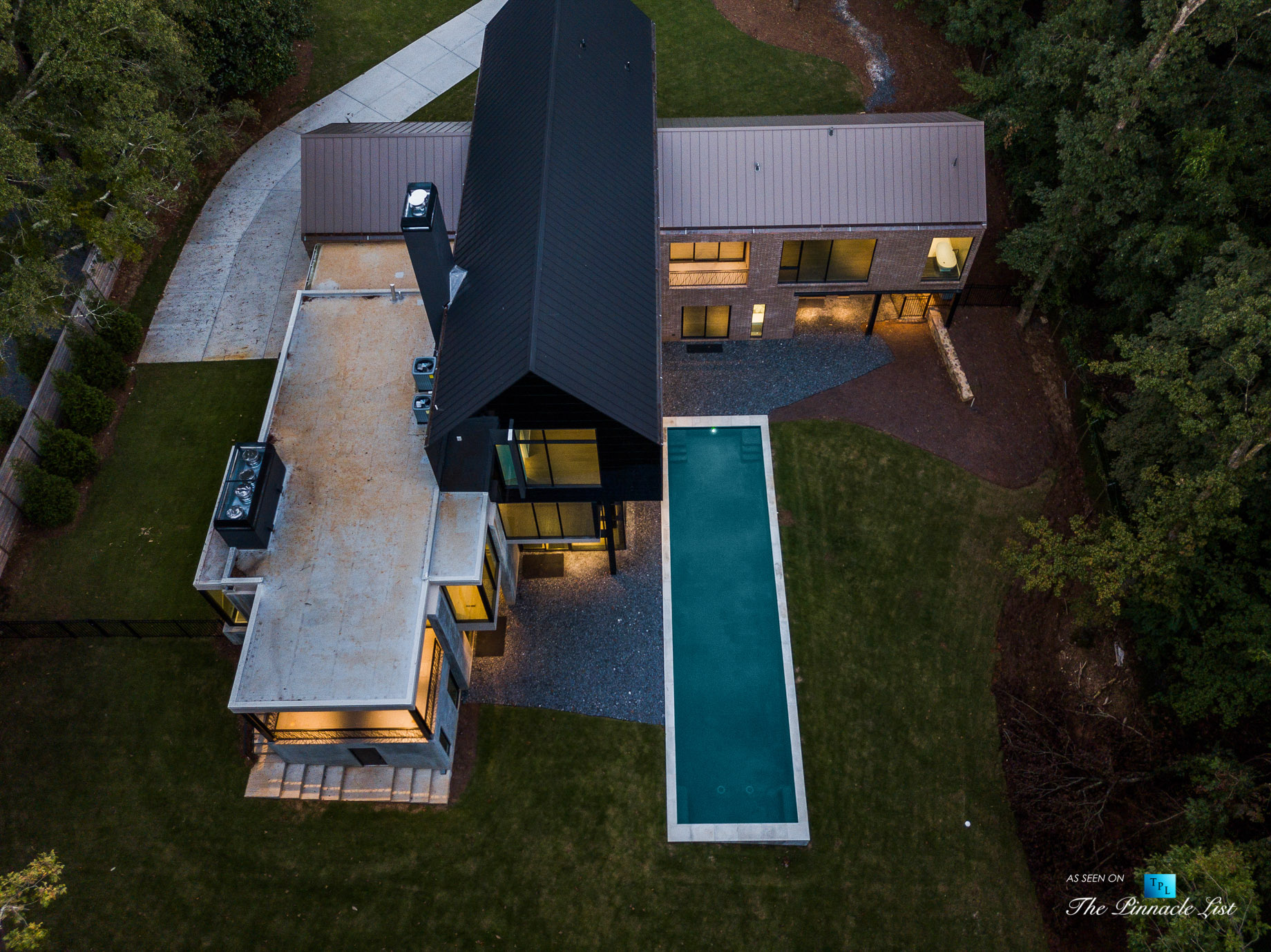 2716 Ridgewood Rd NW, Atlanta, GA, USA – Drone Aerial Night Property View – Luxury Real Estate – Modern Contemporary Buckhead Home