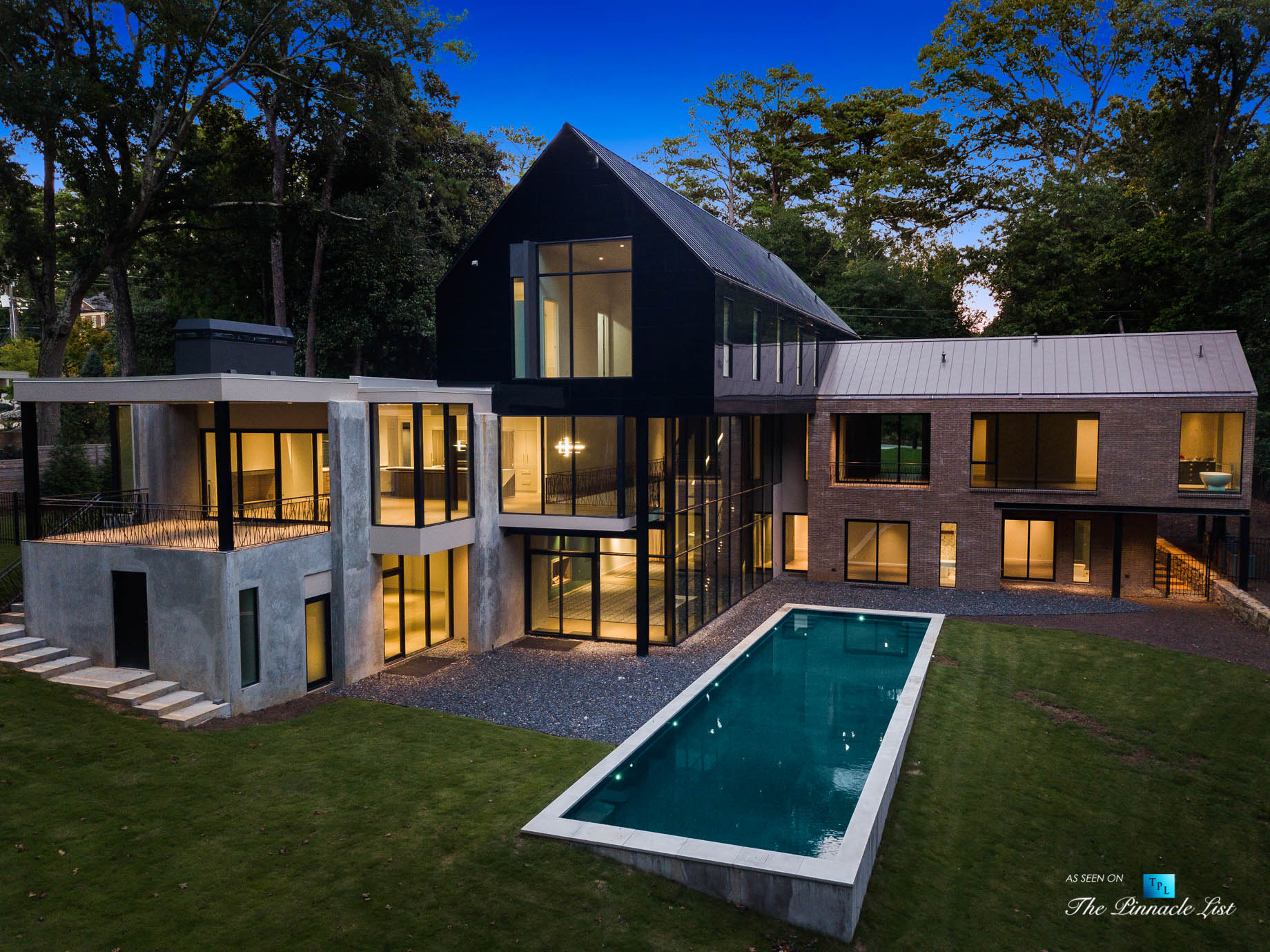 2716 Ridgewood Rd NW, Atlanta, GA, USA - Drone Aerial Night Backyard Pool View - Luxury Real Estate - Modern Contemporary Buckhead Home