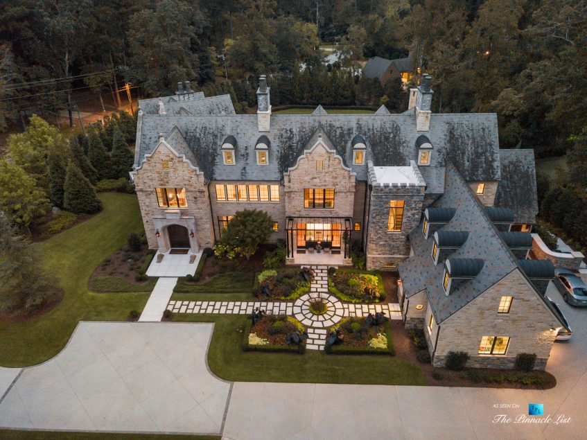 1150 W Garmon Rd, Atlanta, GA, USA - Drone Twilight Aerial View - Luxury Real Estate - Buckhead Estate Home