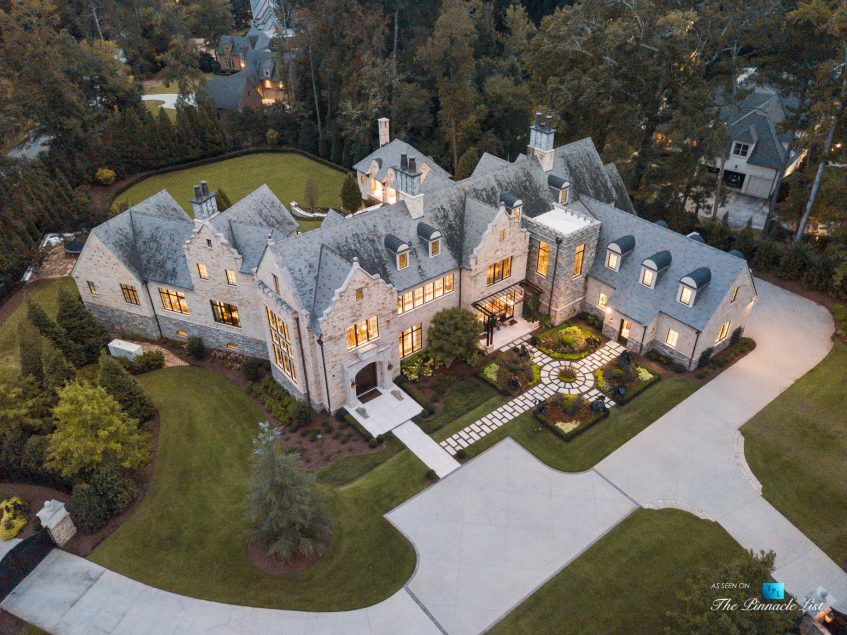 1150 W Garmon Rd, Atlanta, GA, USA - Drone Twilight Aerial View - Luxury Real Estate - Buckhead Estate Home