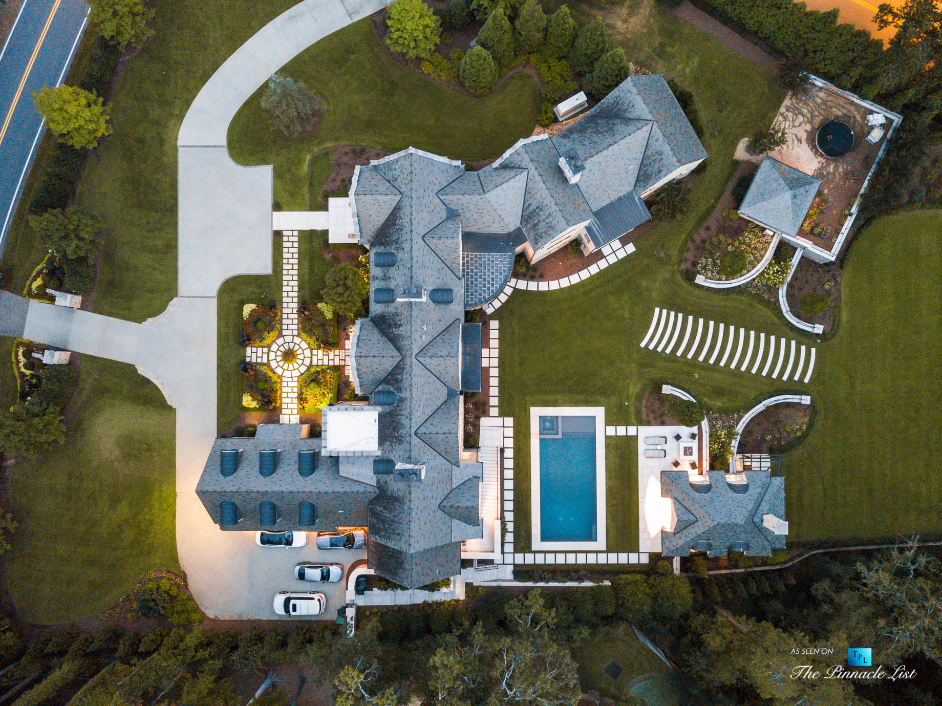 1150 W Garmon Rd, Atlanta, GA, USA – Drone Twilight Overhead View – Luxury Real Estate – Buckhead Estate Home