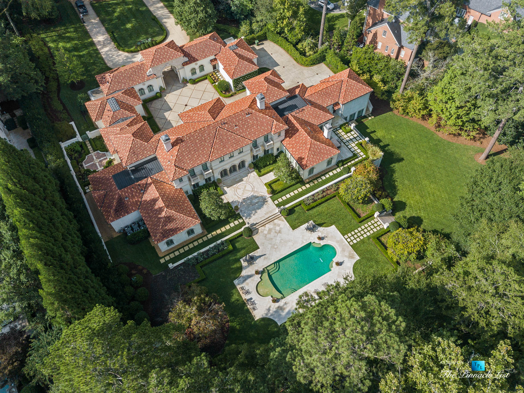439 Blackland Rd NW, Atlanta, GA, USA – Drone Aerial Property View – Luxury Real Estate – Tuxedo Park Mediterranean Mansion Home