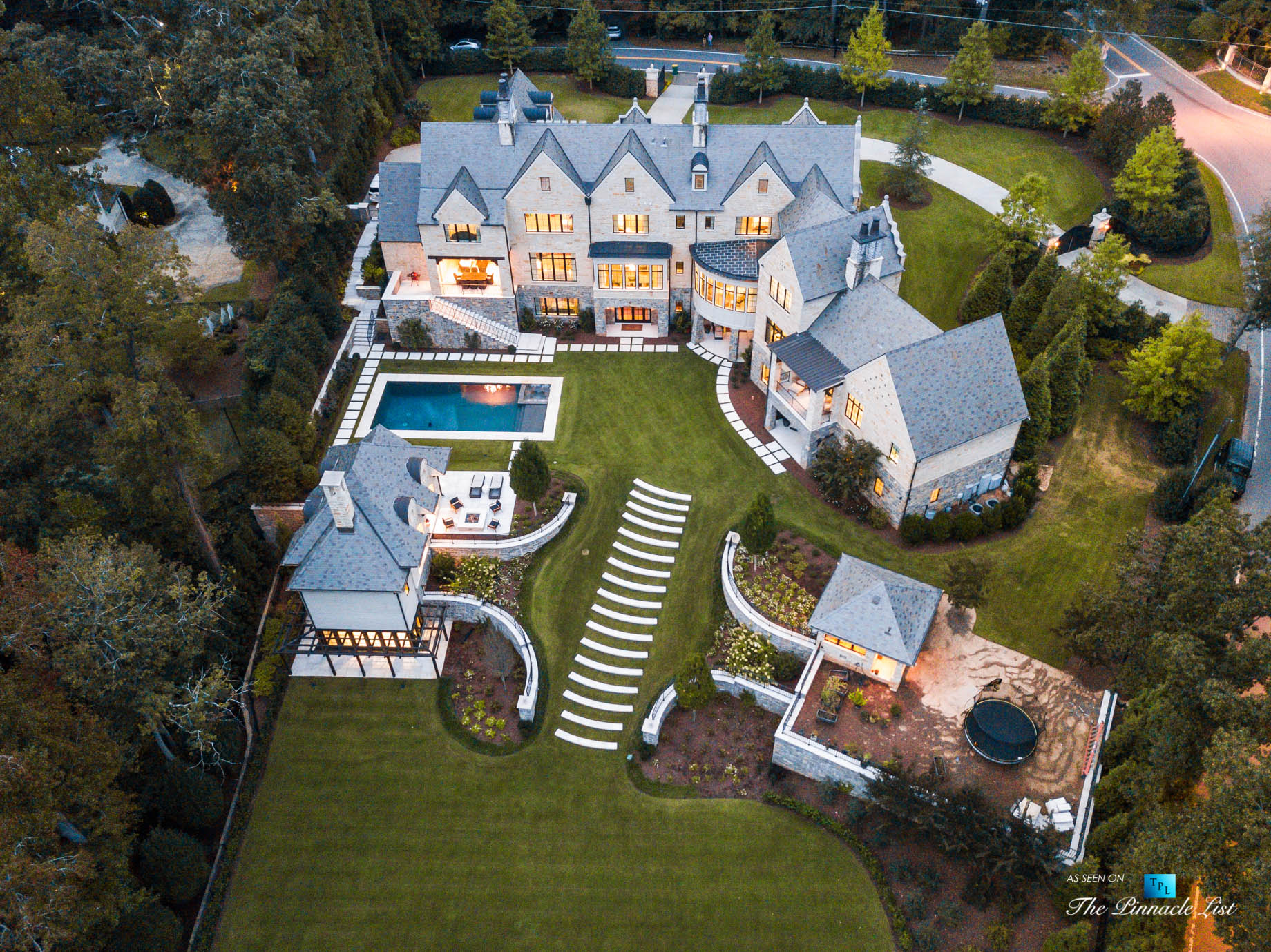 1150 W Garmon Rd, Atlanta, GA, USA - Sunset Drone Aerial Property View - Luxury Real Estate - Buckhead Estate House