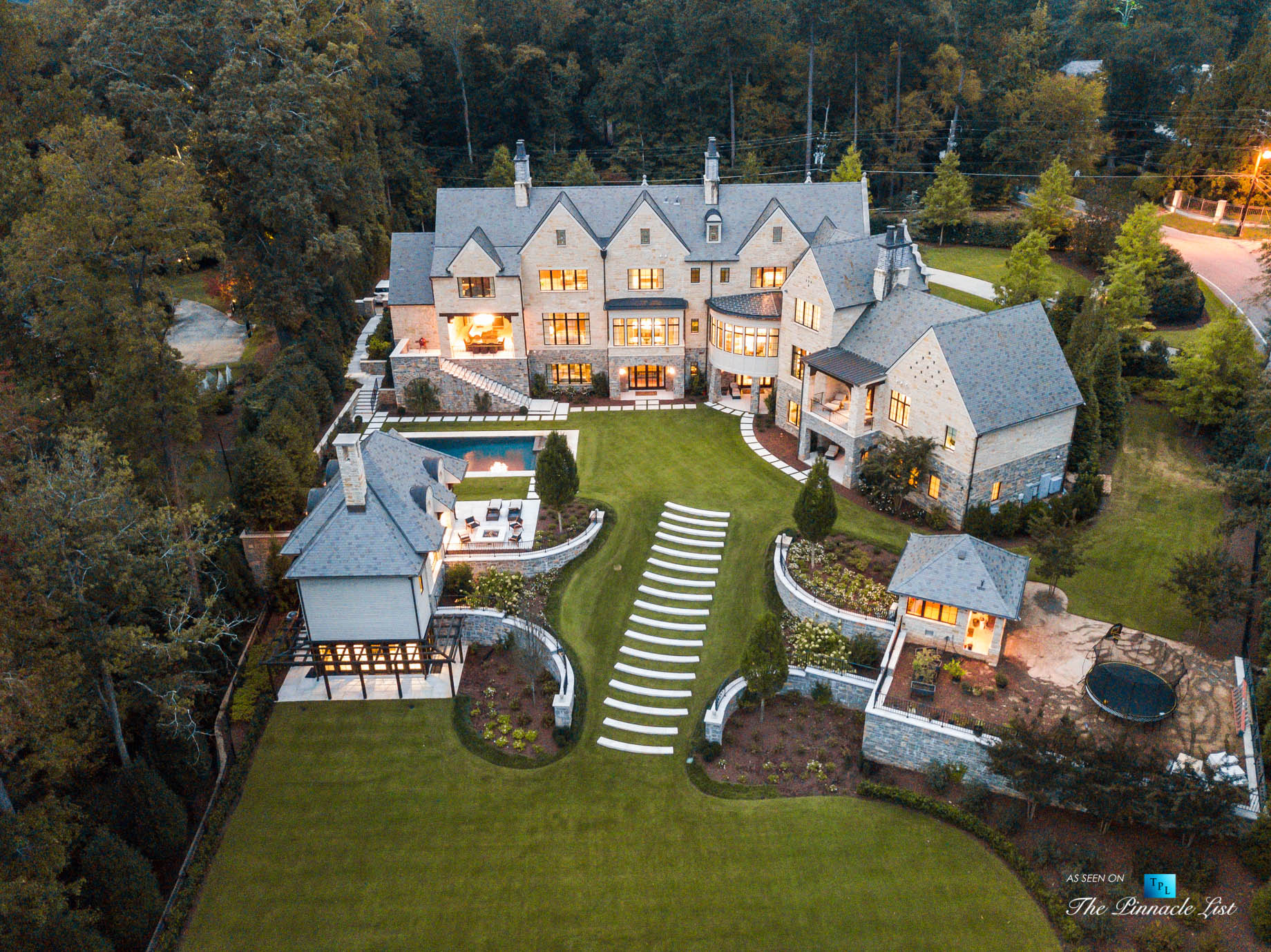 1150 W Garmon Rd, Atlanta, GA, USA – Sunset Drone Aerial Property View – Luxury Real Estate – Buckhead Estate House