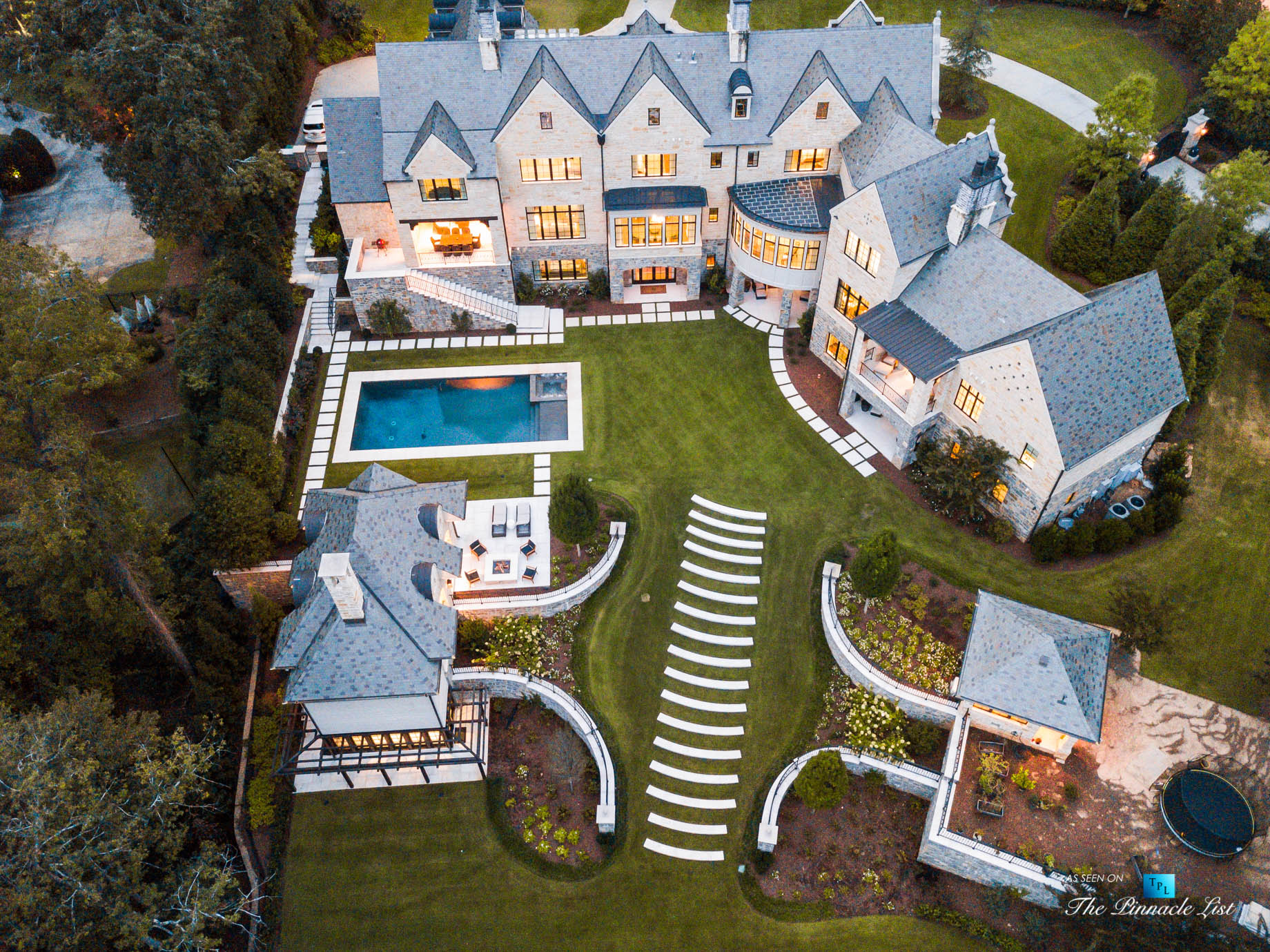 1150 W Garmon Rd, Atlanta, GA, USA – Sunset Drone Aerial Property View – Luxury Real Estate – Buckhead Estate House