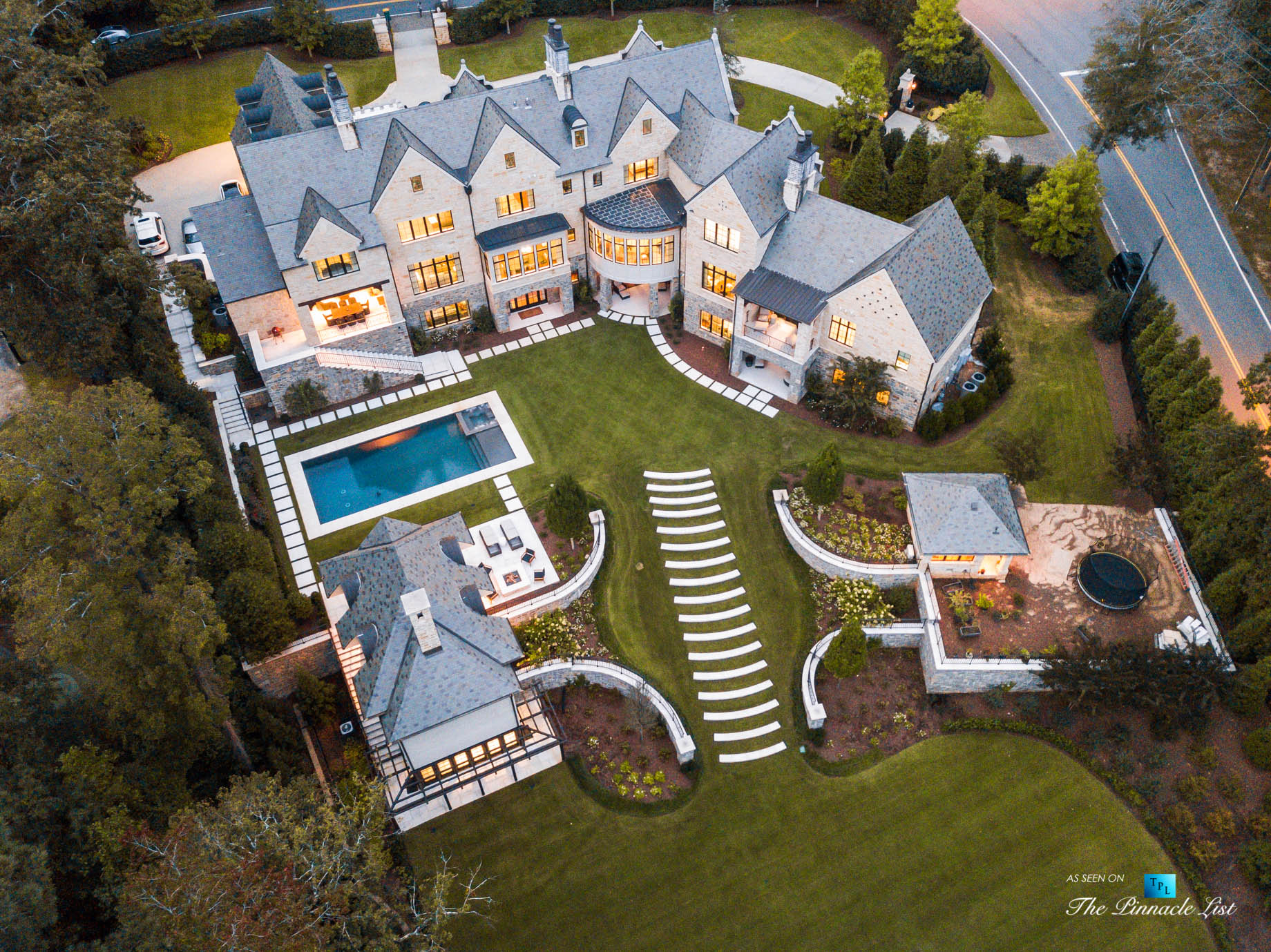 1150 W Garmon Rd, Atlanta, GA, USA - Sunset Drone Aerial Property View - Luxury Real Estate - Buckhead Estate House