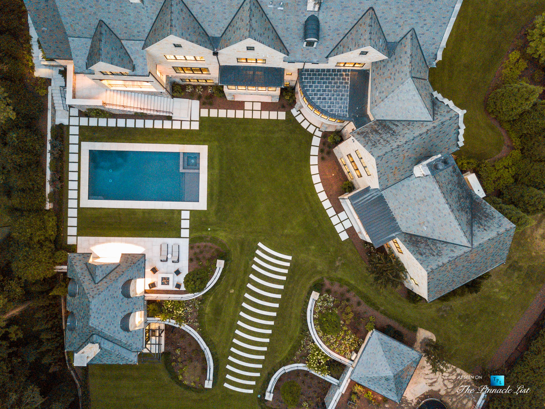 1150 W Garmon Rd, Atlanta, GA, USA – Sunset Drone Aerial Overhead Backyard Property View – Luxury Real Estate – Buckhead Estate House