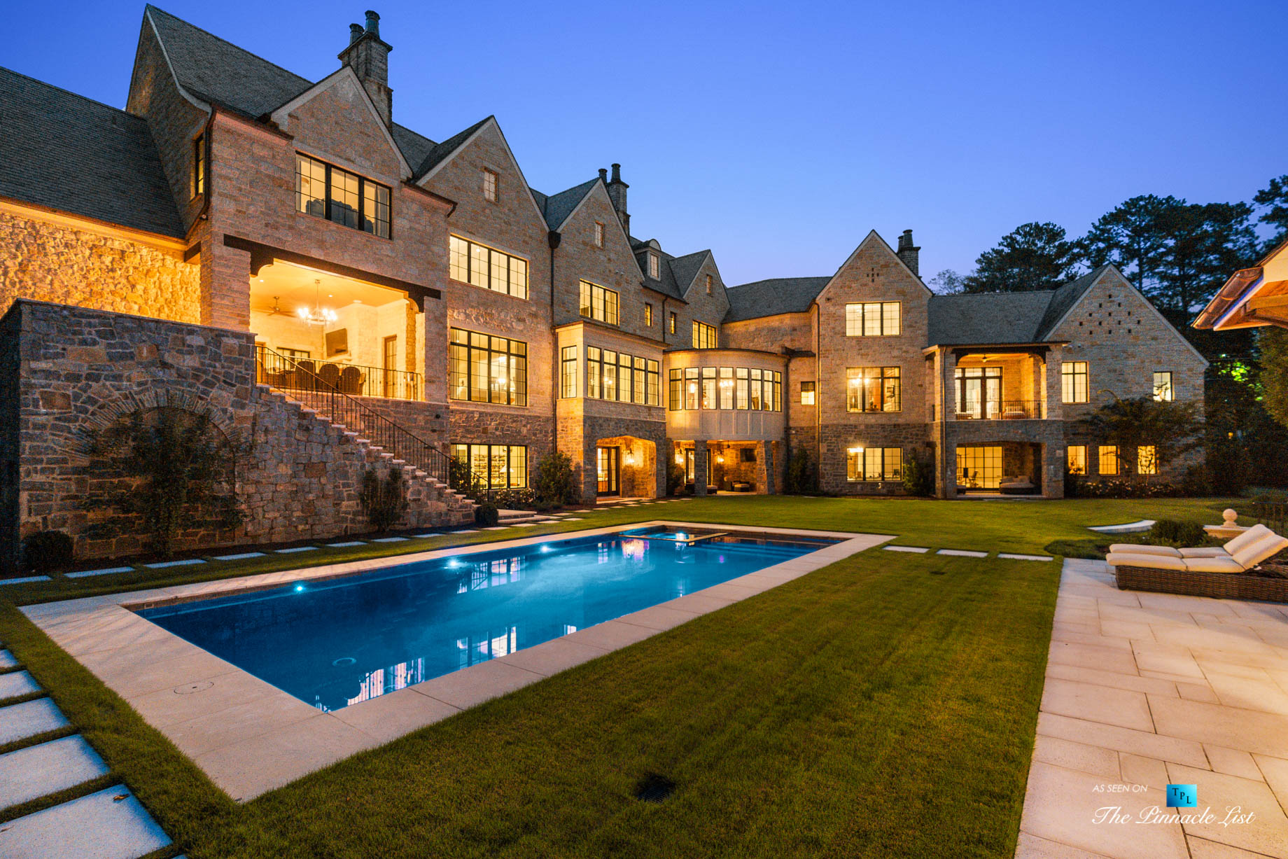 1150 W Garmon Rd, Atlanta, GA, USA – Backyard Pool Deck at Night – Luxury Real Estate – Buckhead Estate House