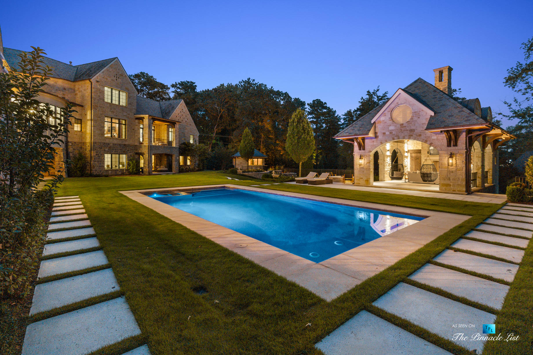 1150 W Garmon Rd, Atlanta, GA, USA – Backyard Pool Deck at Night – Luxury Real Estate – Buckhead Estate House