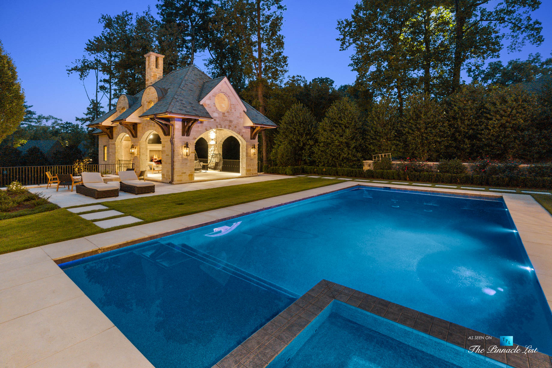 1150 W Garmon Rd, Atlanta, GA, USA – Backyard Pool Deck at Night – Luxury Real Estate – Buckhead Estate House