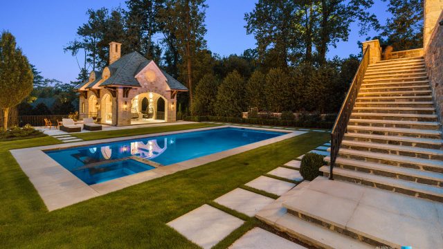 1150 W Garmon Rd, Atlanta, GA, USA - Backyard Pool Area at Night - Luxury Real Estate - Buckhead Estate House