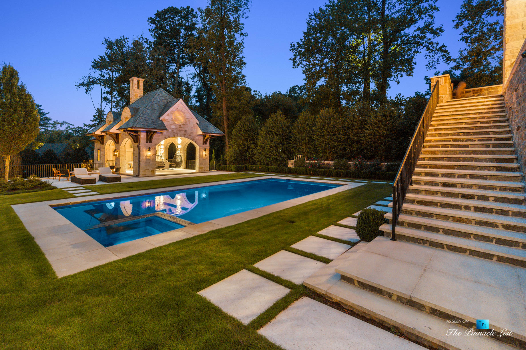 1150 W Garmon Rd, Atlanta, GA, USA – Backyard Pool Area at Night – Luxury Real Estate – Buckhead Estate House