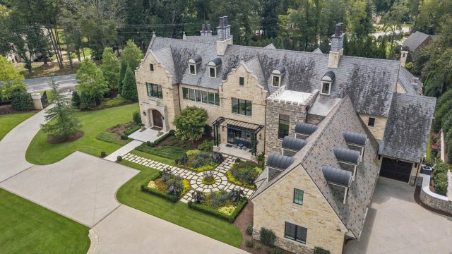 1150 W Garmon Rd, Atlanta, GA, USA - Drone Aerial View Front Property Grounds Driveway - Luxury Real Estate - Buckhead Estate House