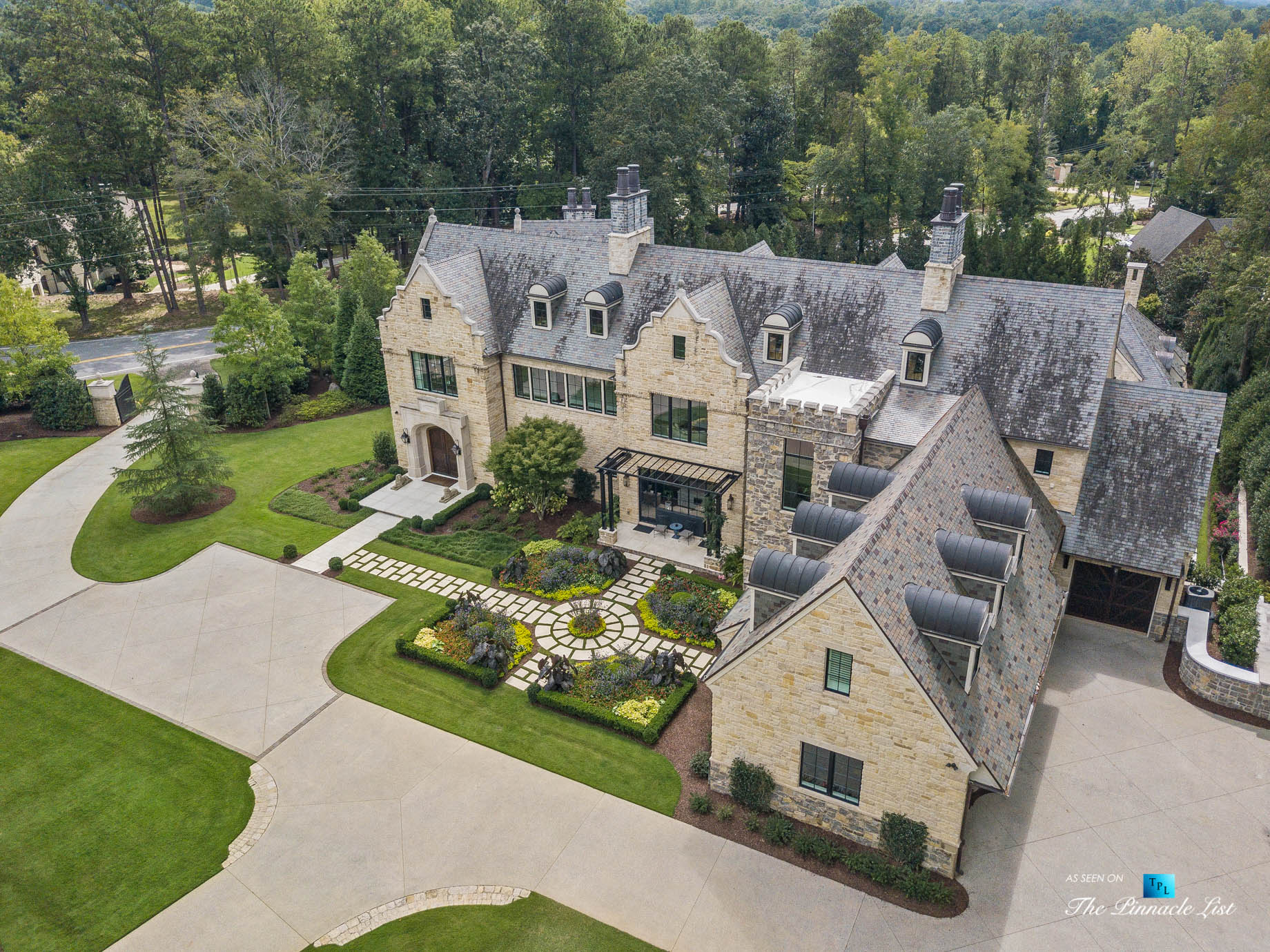 1150 W Garmon Rd, Atlanta, GA, USA - Drone Aerial View Front Property Grounds Driveway - Luxury Real Estate - Buckhead Estate House