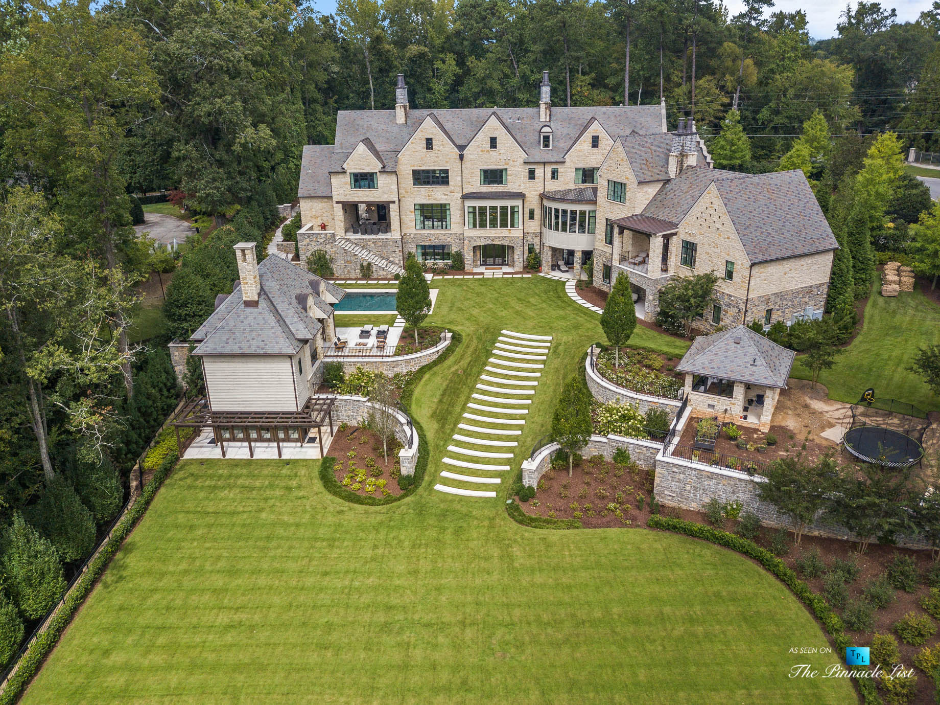 1150 W Garmon Rd, Atlanta, GA, USA – Drone Aerial Backyard Property View – Luxury Real Estate – Buckhead Estate House