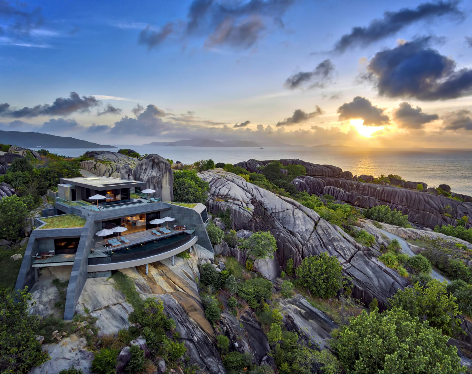 Four Bedroom Luxury Residence - Felicite Island, Seychelles - Villa Sunset Aerial