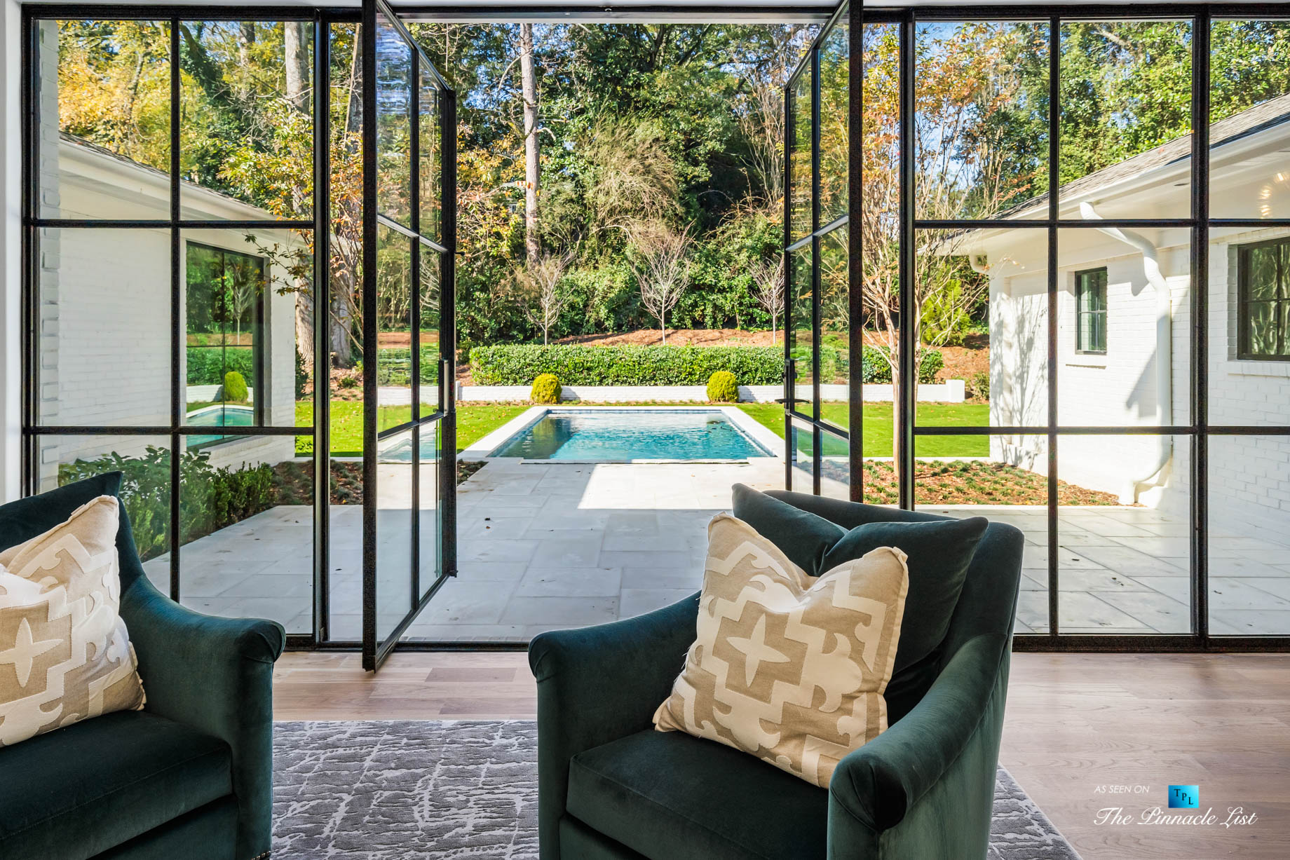 447 Valley Rd NW, Atlanta, GA, USA - Living Room and Glass Door to Outside Pool - Luxury Real Estate - Tuxedo Park Home