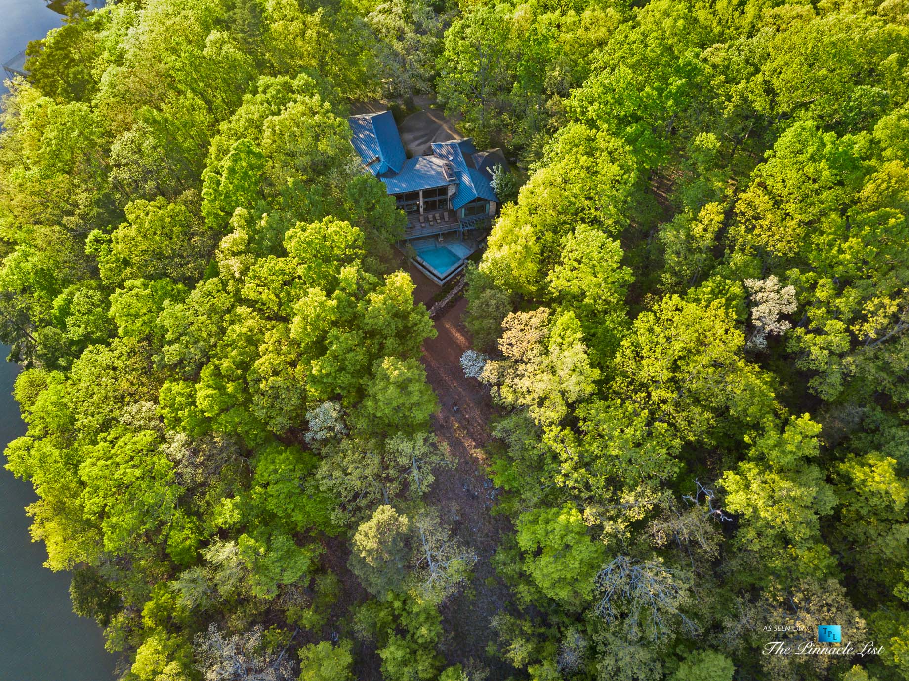 7860 Chestnut Hill Rd, Cumming, GA, USA - Drone Aerial View - Luxury Real Estate - Lake Lanier Mid-Century Modern Stone Home