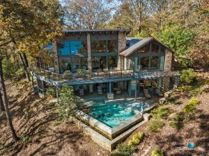 7860 Chestnut Hill Rd, Cumming, GA, USA - Drone Aerial Pool View - Luxury Real Estate - Lake Lanier Mid-Century Modern Stone Home