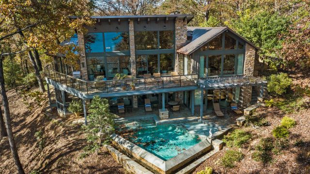 7860 Chestnut Hill Rd, Cumming, GA, USA - Drone Aerial Pool View - Luxury Real Estate - Lake Lanier Mid-Century Modern Stone Home